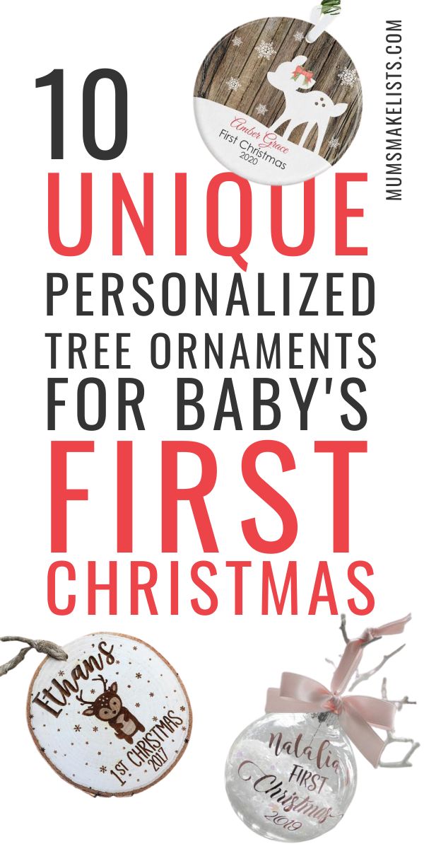 an advertisement for baby's first christmas with the words unique personalized tree ornaments