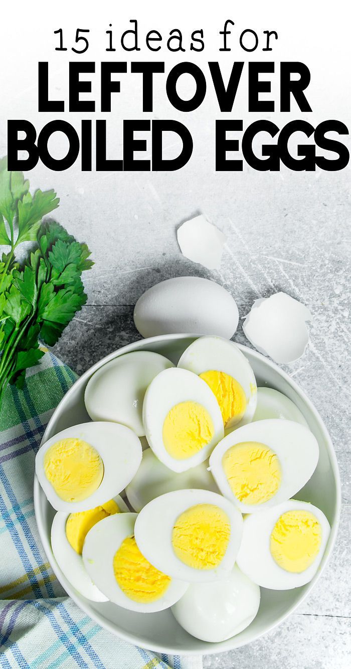 boiled eggs in a bowl with parsley on the side and text overlay that reads 15 ideas for leftover boiled eggs