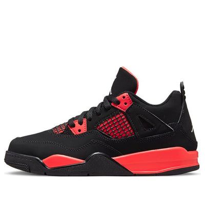 The Air Jordan 4 Retro 'Red Thunder' is a stylish sneaker for kids. It features a black and red colorway, with a rubber sole and Jumpman logo in white. Its iconic silhouette is inspired by the original Air Jordan 4, with no extreme changes. This sneaker is perfect for everyday activities, and is sure to make a statement. It's a great addition to any sneaker collection, and is sure to be a hit with kids. (AJ4/SNKR/Mid Top/Basketball) Sporty Air Jordan 4 For Streetwear With Rubber Sole, Sporty Air Jordan 4 With Rubber Sole For Streetwear, Air Jordan 4 High-top With Rubber Sole, Air Jordan 4 Breathable For Streetwear, Sporty Air Jordan 4 High-top With Rubber Sole, Breathable Air Jordan 4 For Streetwear, Sporty Jordan Shoes With Red Sole For Streetwear, Casual Air Jordan 4 Breathable For Streetwear, Casual Air Jordan 4 With Rubber Sole For Streetwear