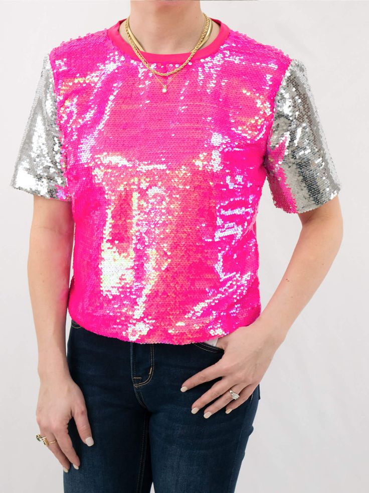 Barbie Fuchsia and Silver Sequin Top Silver Sequin Top, Sequin Crop Top, Summer Concert, Silver Sequin, Sequin Top, Strike A Pose, Summer Tops, Jeans Dress, Chic Style