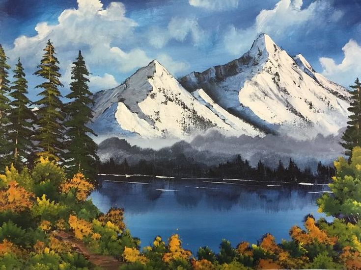 a painting of snow covered mountains and trees