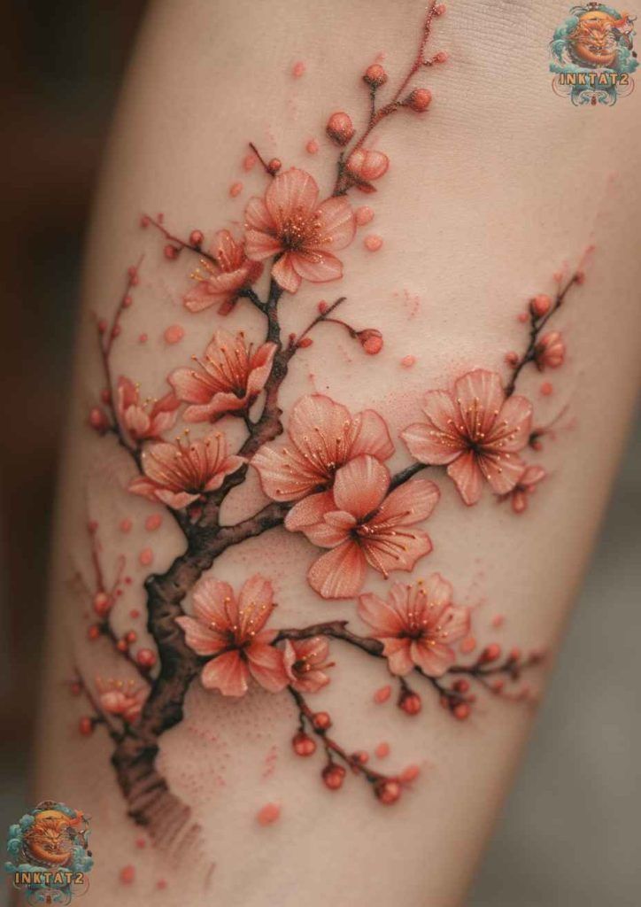 a woman's thigh with pink flowers on the side of her leg and an arm tattoo