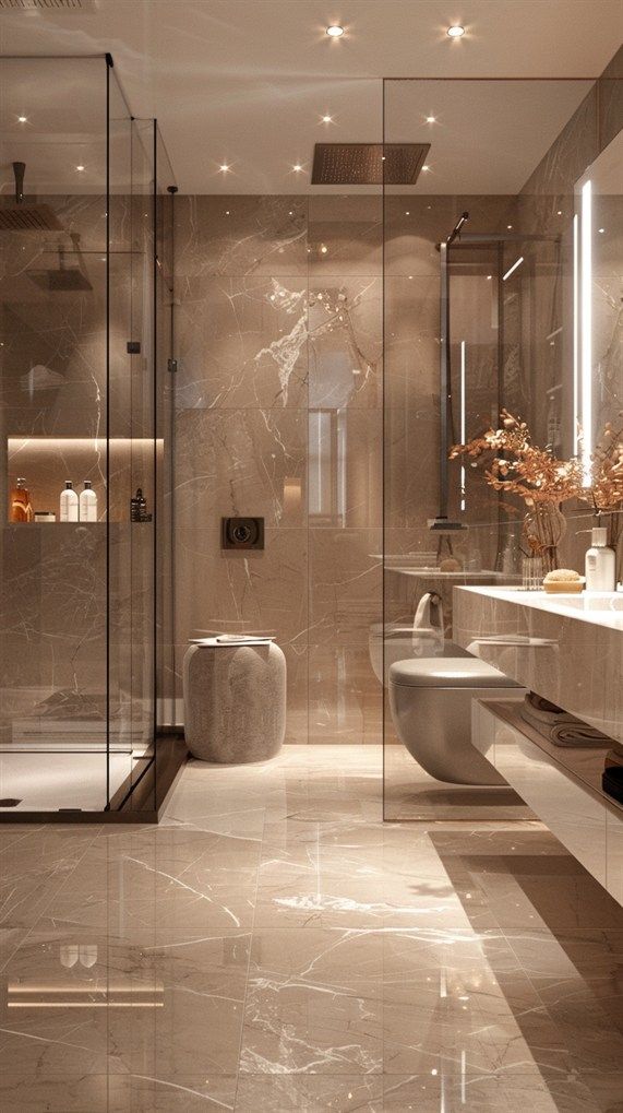 a modern bathroom with marble floors and walls