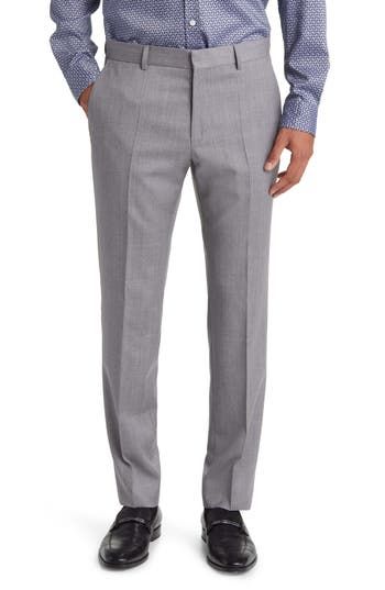 Sharpen up your wardrobe with these dress pants crafted from polished wool with a flat front and smart creases down the legs. 34" inseam; 14" leg opening; 10 1/2" front rise; 17" back rise (size 34) Unhemmed Lined to the knee 100% wool Dry clean Imported Hugo Boss/BOSS/HUGO has received the Fair Labor Association accreditation, which signifies that the company has effective systems and procedures in place to successfully uphold fair labor standards throughout its supply chains, including strateg Classic Fitted Gray Pants, Fitted Gray Cargo Pants, Tailored Gray Dress Pants For Semi-formal Occasions, Classic Fitted Gray Dress Pants, Gray Fitted Semi-formal Bottoms, Semi-formal Fitted Gray Pants, Gray Semi-formal Dress Pants, Fitted Gray Semi-formal Pants, Elegant Gray Wool Pants