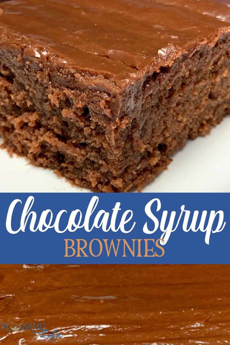 chocolate syrup brownies stacked on top of each other with text overlay that reads, chocolate syrup brownies