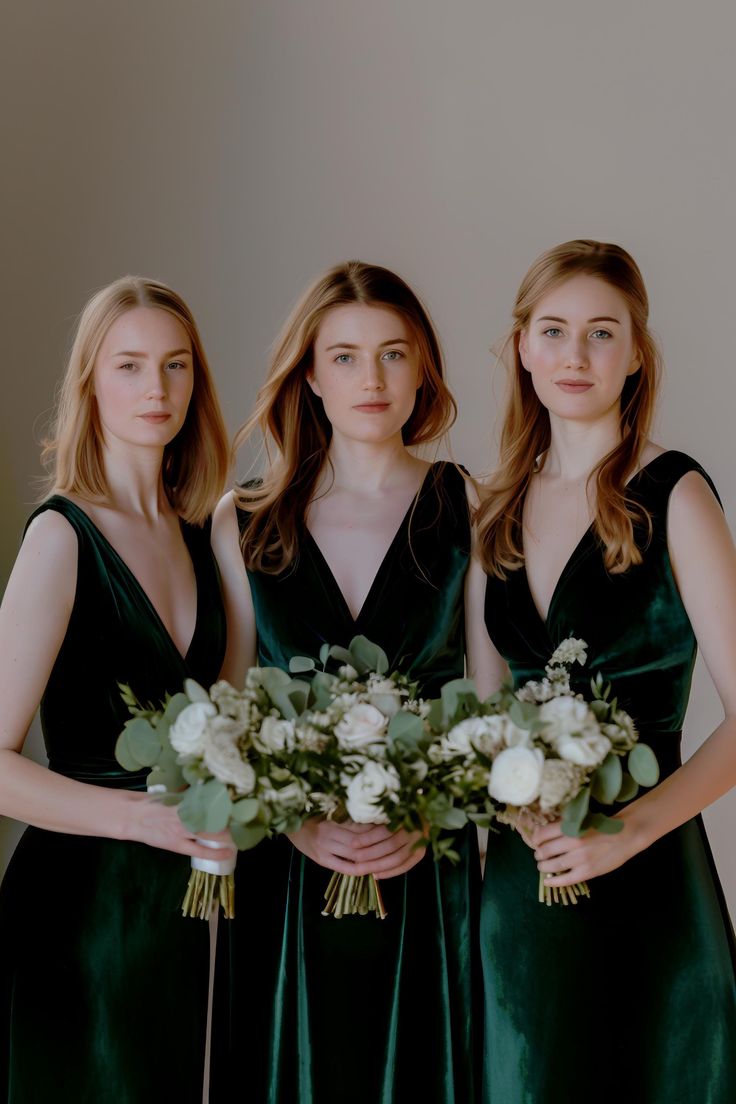 three women in green dresses holding bouquets