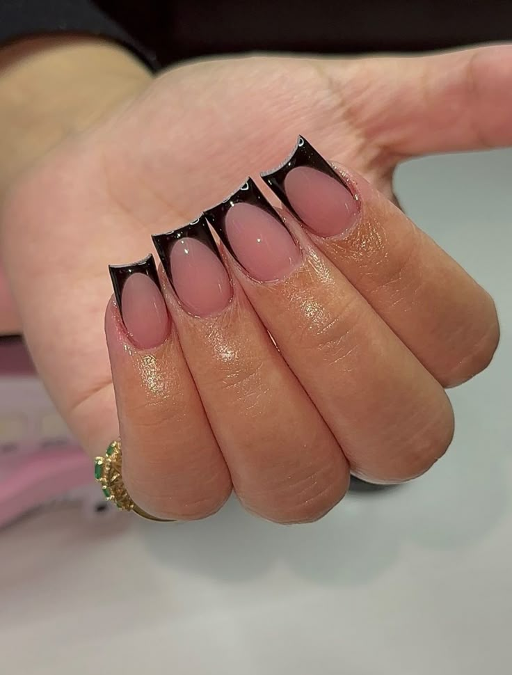 Black French Tip Halloween Nails Acrylic, Nail Inspiration French Tip Square, Basic Black French Tip Nails, Black Short Square Nails Ideas, Black French Tip Design Nails, Black Small French Tip Nails, Short French Halloween Nails, Acrylic Nails For 13 Yo, Color French Tip Nails Fall