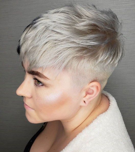 Platinum Blonde Undercut Pixie Blonde Undercut Pixie, Undercuts For Women, Silver Pixie, Platinum Blonde Pixie, Undercut Long Hair, Redken Shades, Traditional Hairstyle, Low Fade, Hair To One Side