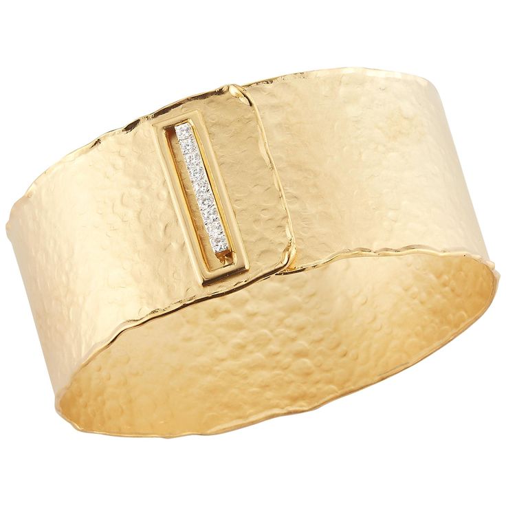 14 Karat Yellow Gold Hand-Crafted Matte and Hammer-Finished Scallop-Edged Cuff Bracelet, Enhanced with 0.36 Carats of a Pave Set Diamond Buckle Closure. Diamond Cuff Bracelet, Diamond Bar, Stylish Watches, Gold Hands, Matte Gold, Amazing Jewelry, Cuff Bracelet, Jewelry Shop, Cuff Bracelets