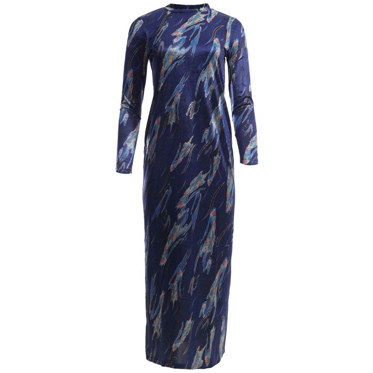 Our Yasmine dress is a stunning blue and metallic print maxi dress, with long fitted sleeves and a beautiful silhouette. It's completed with a flattering side split. It's the perfect dress to dress up with heels for those upcoming festive parties. Or keep it casual with a pair of boots, perfect for the winter season. The perfect versatile dress! 60% Viscose 35% Polyester 5% Elastane Machine wash 30c. Do not bleach. Do not tumble dry. Coo iron only. Blue Long Maxi Dress For Formal Occasions, Blue Floor-length Maxi Dress With Side Slits, Long Blue Evening Dress, Blue Long Evening Dress, Blue Evening Maxi Dress With Side Slits, Blue Long Dress With Side Slits, Blue Long Dresses With Side Slits, Blue Evening Dresses With Side Slits, Fitted Blue Long Sleeve Maxi Dress