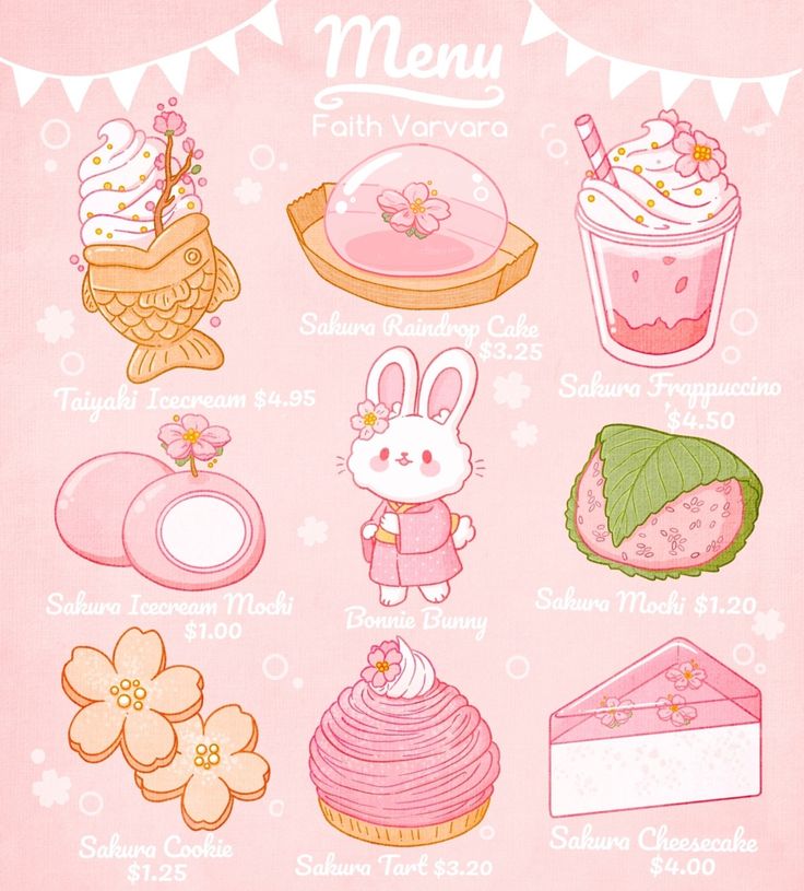 a pink menu with different items on it