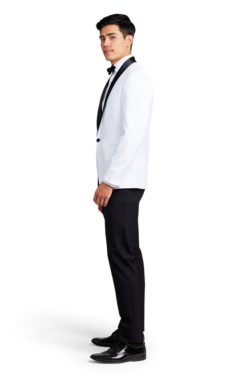 A slim white coat with one button and a black satin shawl lapel. White Tuxedo Blazer For Business, White Tuxedo Style Business Blazer, White Tuxedo With Single Button And Lapel Collar, White Single Button Tuxedo With Lapel Collar, White Tuxedo Style Outerwear With Single Button, White Tailored Tuxedo Outerwear, White Tuxedo With Lapel Collar For Formal Occasions, Tailored White Tuxedo Style Outerwear, White Tuxedo Formal Outerwear