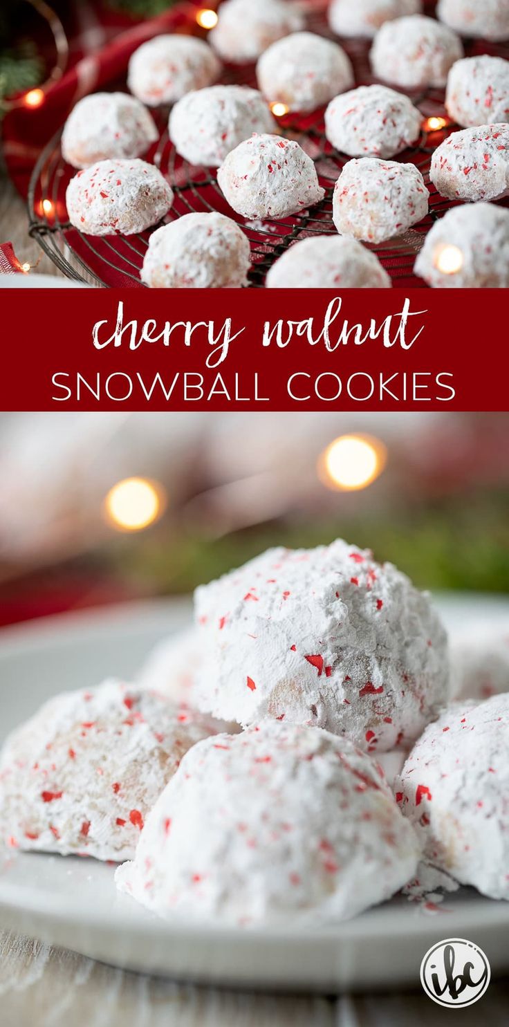 white chocolate peppermint snowball cookies on a plate with christmas lights in the background