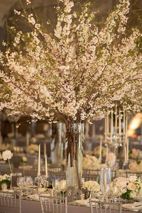 the centerpieces are arranged in tall vases with white flowers and greenery