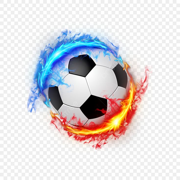 a soccer ball on fire with blue and red flames in the air, transparent background