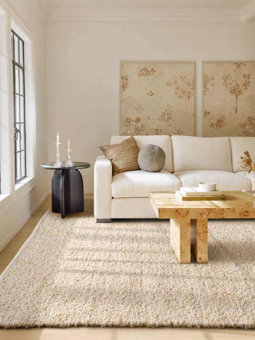 a living room with a couch, coffee table and two paintings on the wall behind it