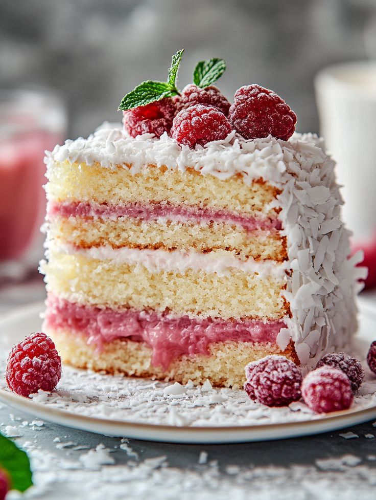 a slice of cake with raspberries and coconut on top