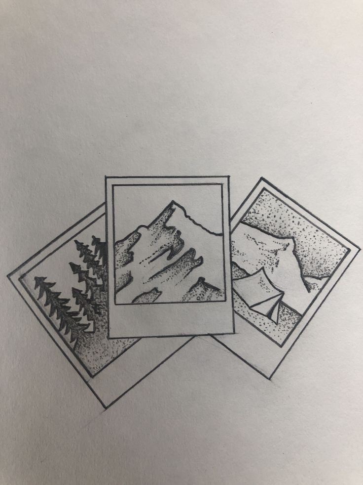 three pictures with trees and mountains in them on a piece of paper that has been drawn