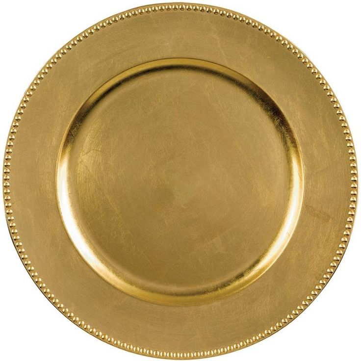 a gold plate with beaded edges on a white background