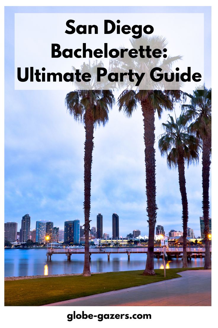 the san diego bachelor ultimate party guide with palm trees in front of water and city lights