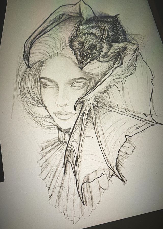 a drawing of a woman with a bat on her head and another creature in the background