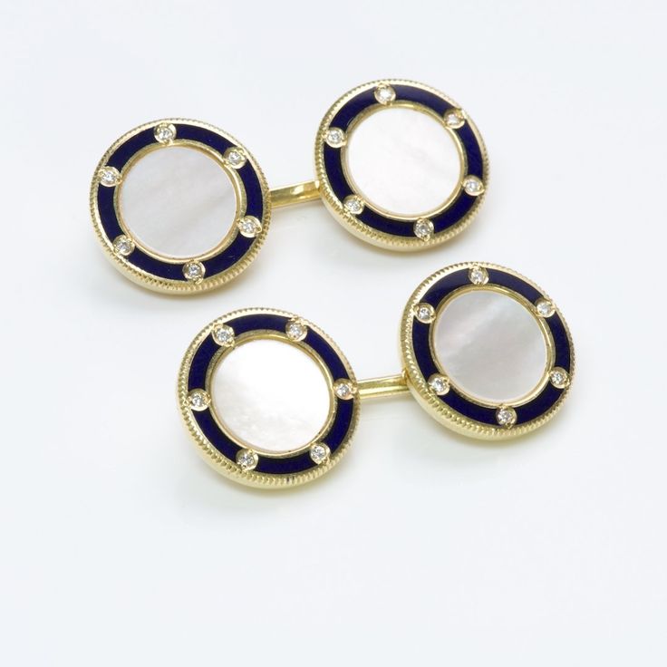 Tiffany & Co. Deakin & Francis Cufflinks. Vintage Tiffany & Co. 18K yellow gold cufflinks made by Deakin & Francis. Diamond, Mother of Pearl, and enamel. Double-sided, chain-linked cufflinks, nautical design. Approximate Measurements: Length 1", Diameter 0.5" Weight: 14.5 Grams Condition: Excellent Blue Jewelry With Black Enamel For Formal Occasions, Gold Round Elegant Cufflinks, Luxury Black Enamel Jewelry For Formal Occasions, Elegant Gold Round Cufflinks, Designer Enamel Jewelry As A Gift, Designer Enamel Jewelry For Gift, Luxury Polished Jewelry For Business, Luxury Polished Business Jewelry, Luxury Polished Finish Business Jewelry