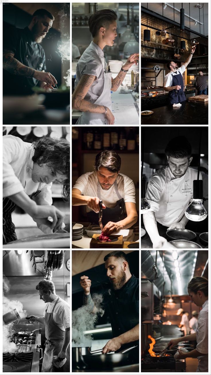 multiple pictures of chefs working in the kitchen and cooking food on grills, with one man