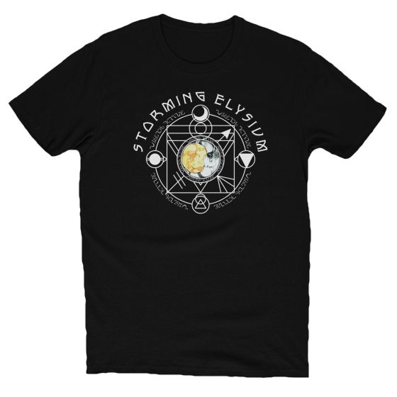 STORMING ELYSIUM - T-004A - WHITE LINES ALCHEMY LOGO SUNMOON WITH CURVED TEXT | StoreFrontier™ Alchemy Logo, Great Music, The Heavens, Sun Moon, Electronic Music, Alchemy, Cool T Shirts, Moon, Mens Graphic Tshirt