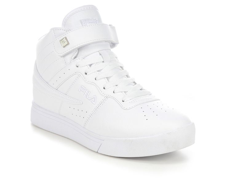 Synthetic leather upper with stitching details, Mid-top design with padded collar and fabric lining, Adjustable Velcro strap and lace-up closure, Classic round toe, Absorbent fabric lined insole, Durable rubber midsole and traction outsole, Fila® branding details | Women's Fila Vulc 13 Mid-Top Sneakers in White Size 10 Classic High-top Synthetic Sneakers With Laces, Leather Skate Shoes With Elastic Laces, Leather High-top Sneakers With White Laces For Streetwear, Leather Lace-up Skate Shoes With White Laces, Leather Mid-top Sneakers With White Laces, High-top Leather Skate Shoes With White Laces, Spring Mid-top Leather Skate Shoes, Spring Leather Mid-top Skate Shoes, Leather High-top Sneakers With White Laces