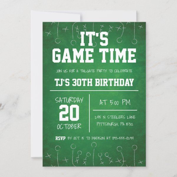 a green chalkboard game time birthday party card