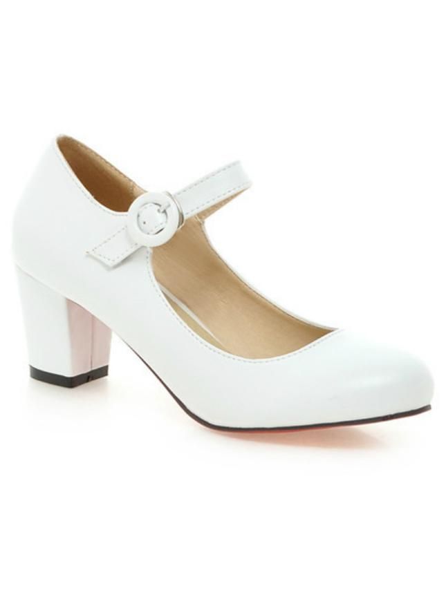 High Heels White Thick Heel Pumps Lady Shoes Elegant White Block Heels With Buckle Closure, Elegant Mary Janes With Round Toe And Stacked Heel, Elegant Mary Janes With Stacked Heel And Round Toe, White Low Heel Mary Janes With Buckle Closure, White Low Heel Mary Janes With Buckle, Chic Heels With Round Toe And Metal Pin Buckle, White Mary Janes With Heel Strap And Round Toe, White Ankle Strap Heels For Office, White Mary Jane Heels With Buckle Closure