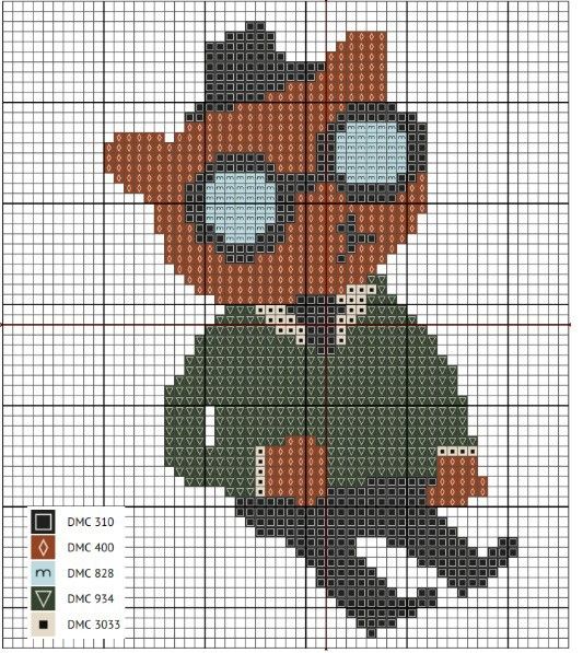 a cross stitch pattern with an image of a cat wearing glasses and a green sweater