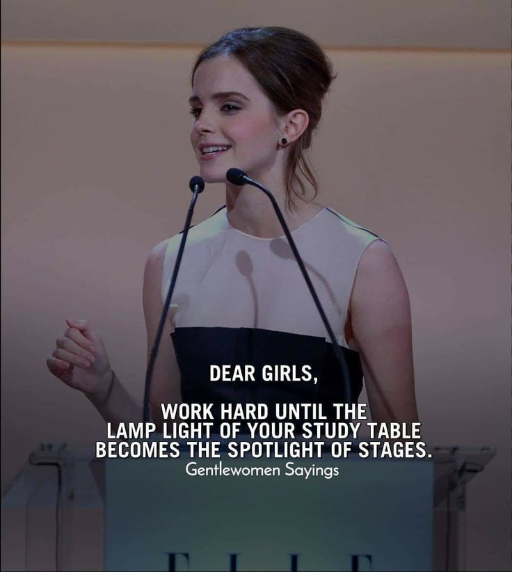 a woman standing at a podium with a microphone in front of her and the words dear girls, york hard until the table become the spotlight states