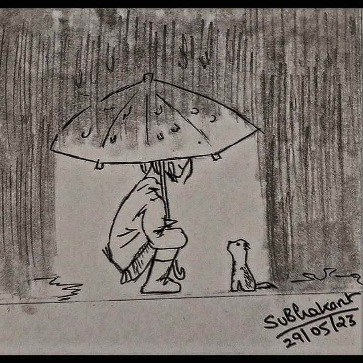 a drawing of a person holding an umbrella with a dog sitting under it in the rain