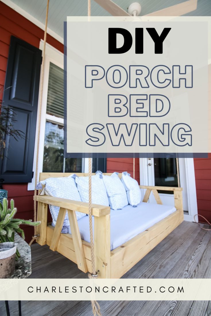 a porch bed swing with the text diy porch bed swing