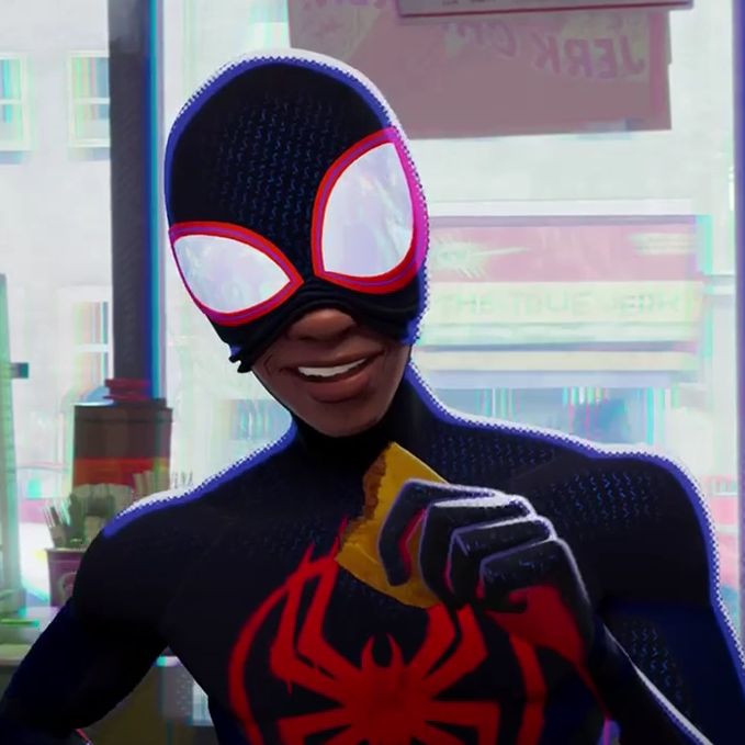 the animated spider - man is smiling and holding a banana in his right hand as he stands next to a window