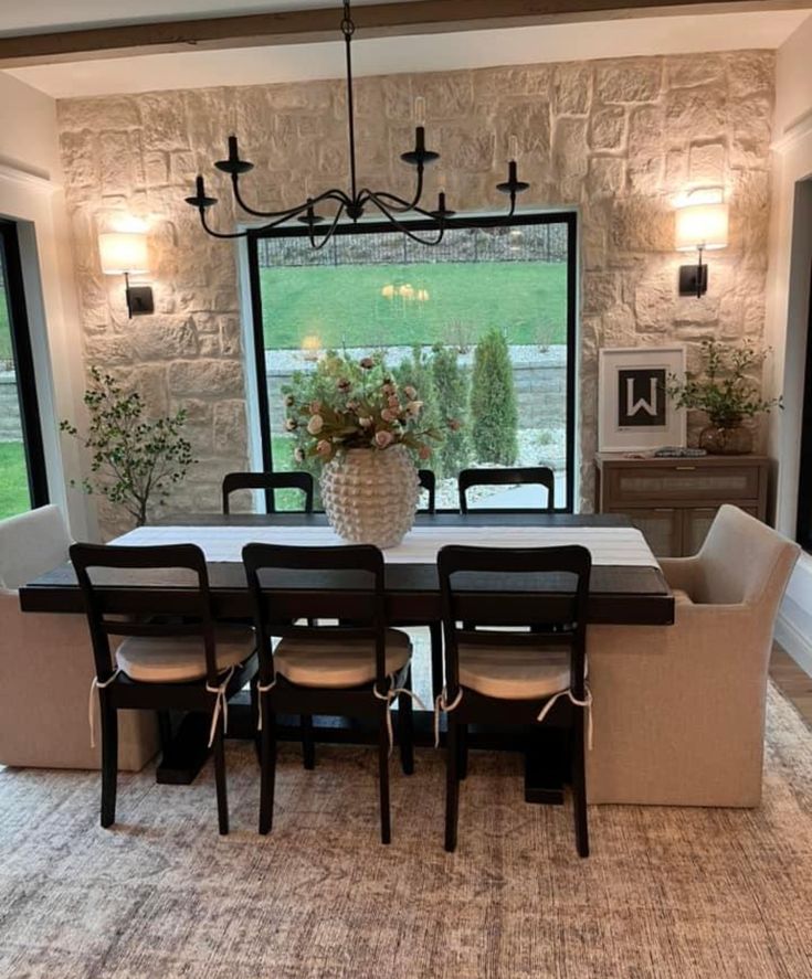 a dining room table and chairs in front of a large window with an outside view