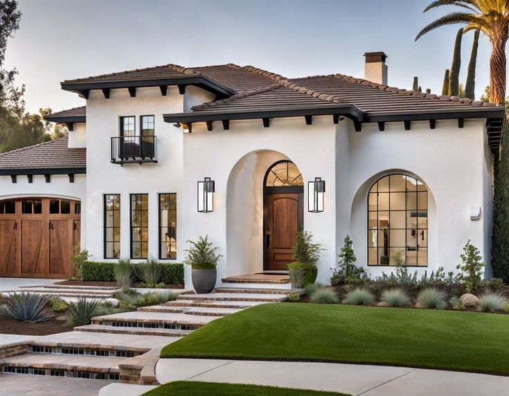 a white house with brown doors and two story windows on the front, surrounded by greenery