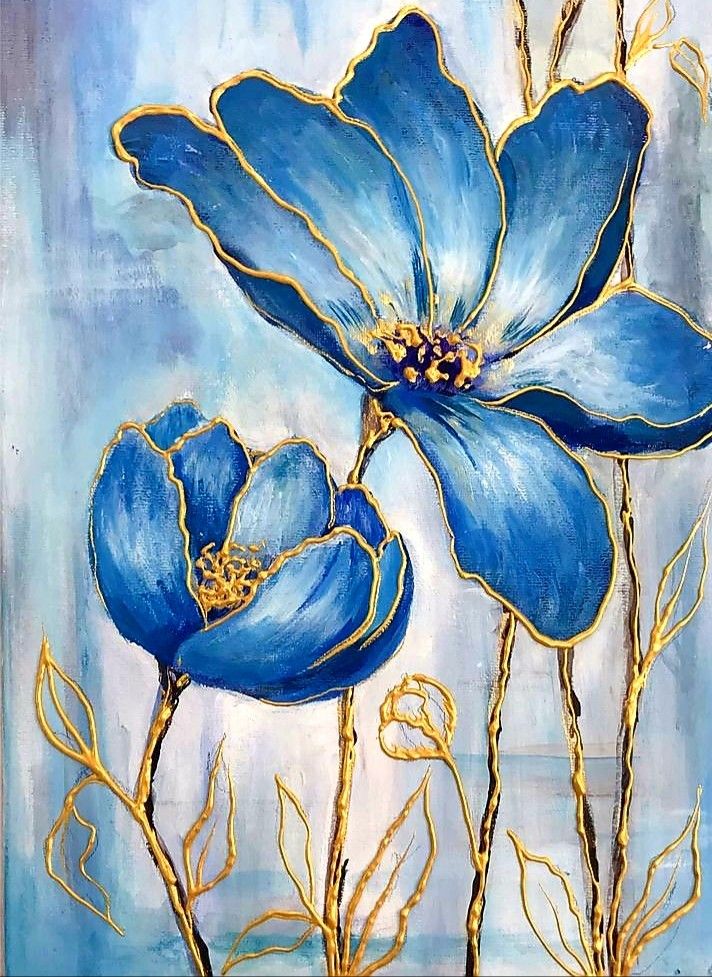 two blue flowers with gold stems on a blue background, painted in acrylic paint