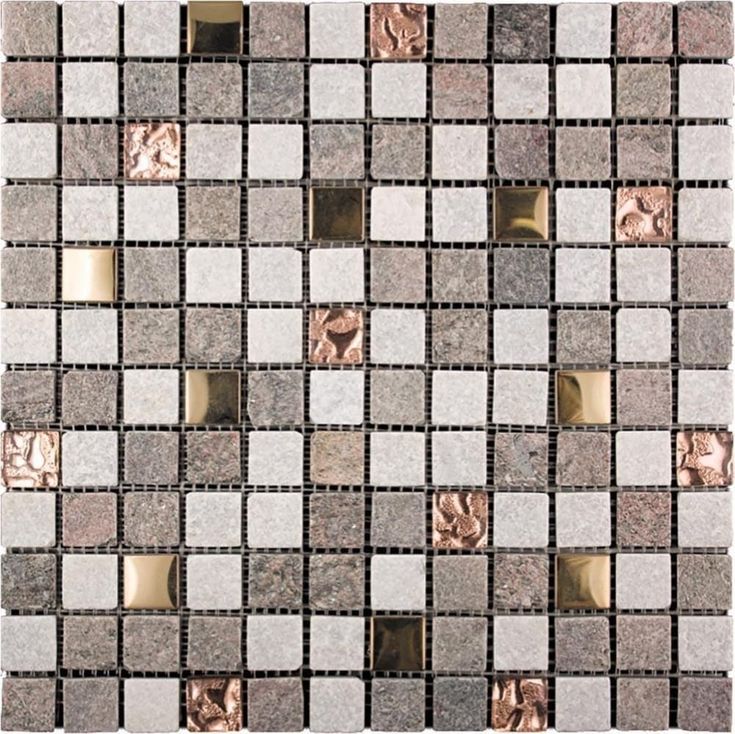 a mosaic tile pattern with gold and white tiles on the side, including square shapes