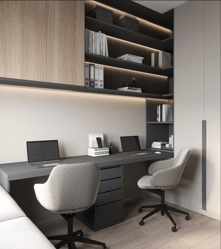 an office with a desk, chair and bookshelf