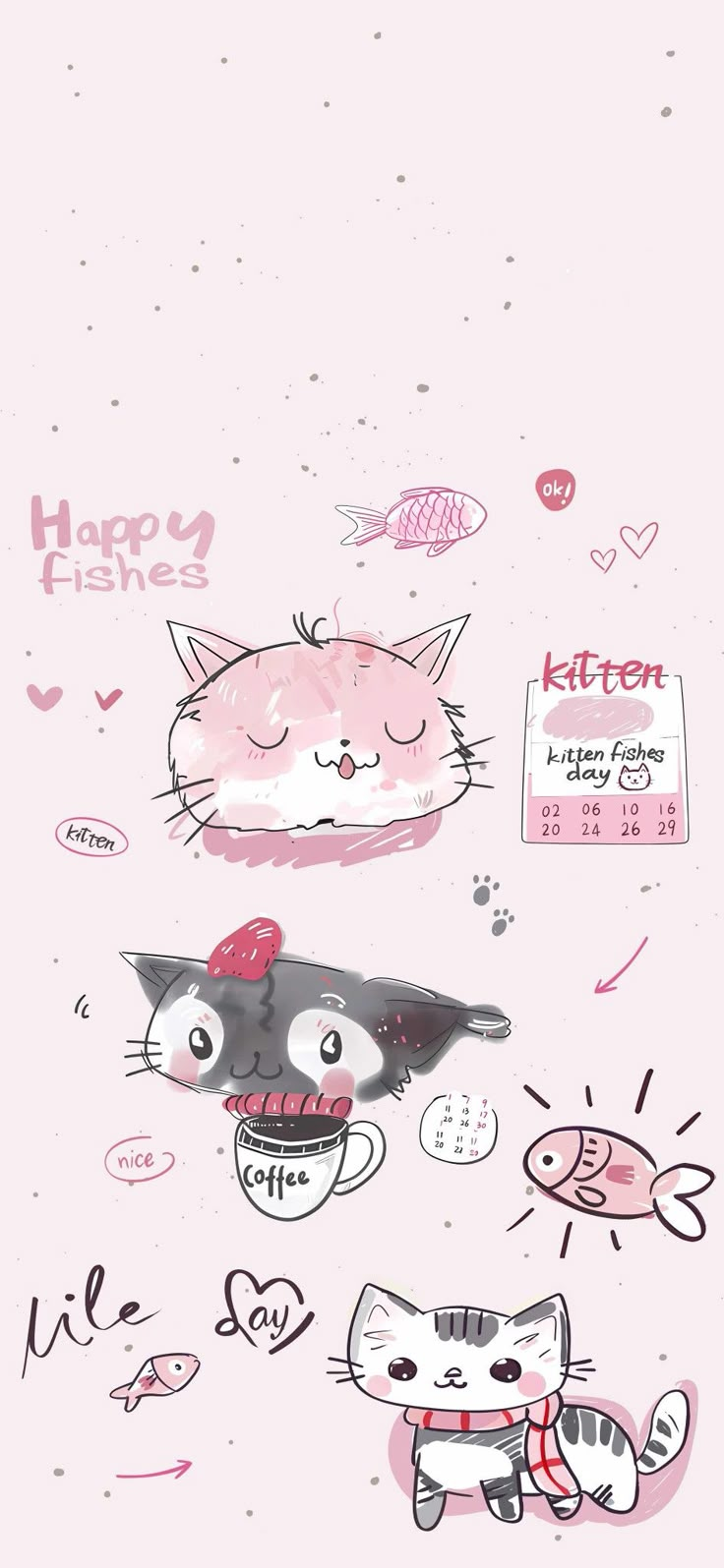 an image of cats and fish on a pink background