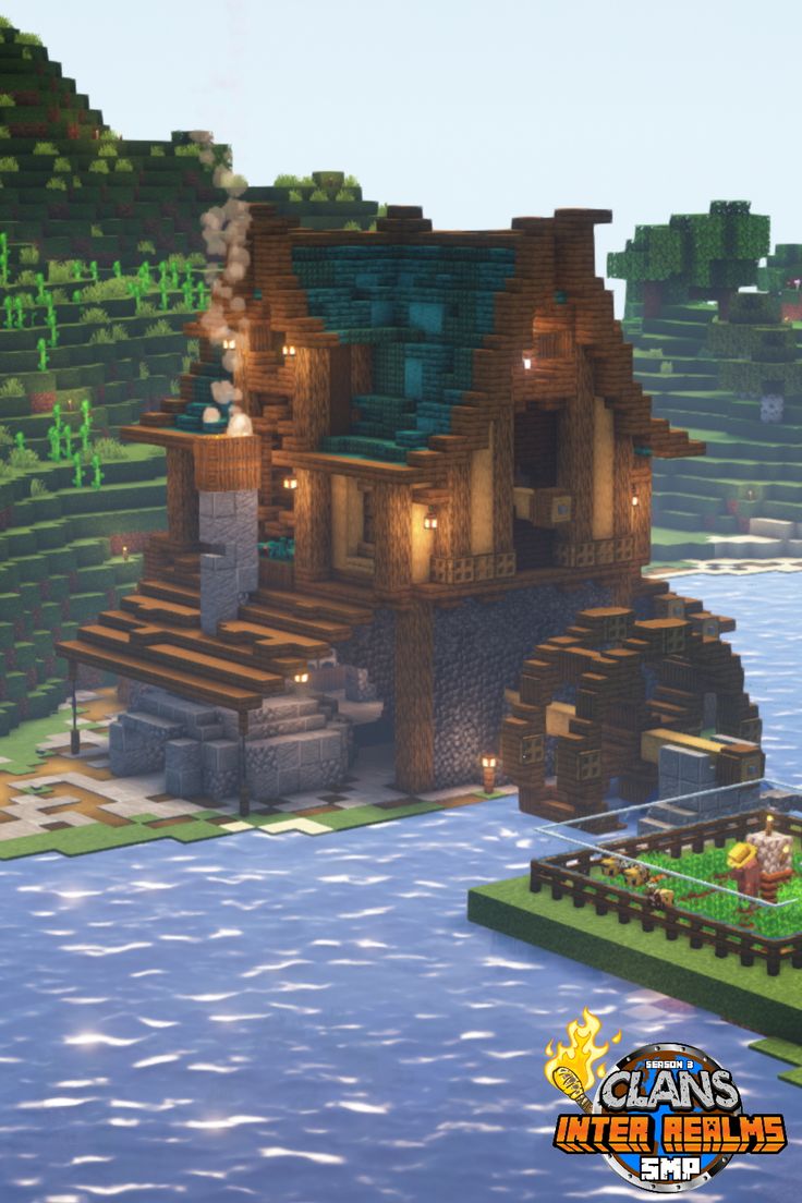 Above Water Houses Minecraft, Minecraft Super Smelter House, Minecraft Water Mill Build, Houses On Water Minecraft, Minecraft Wheel House, Furnace Building Minecraft, Minecraft House With Water Wheel, Water Wheel House Minecraft, Minecraft Watermill Design