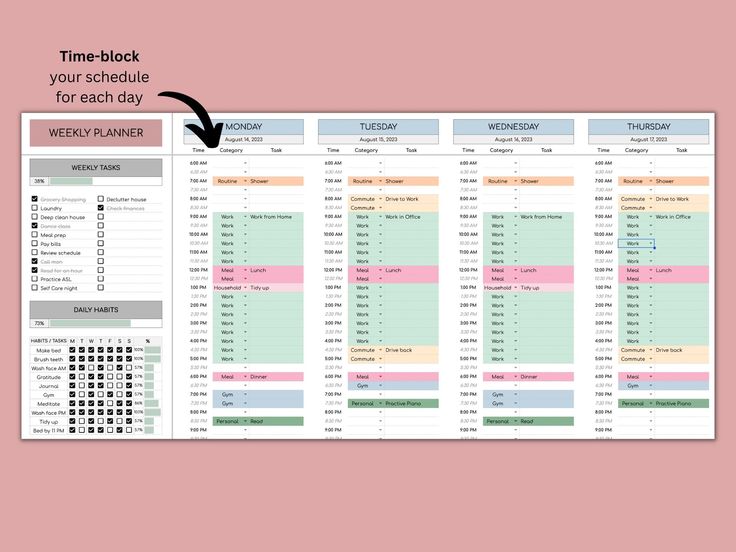 a calendar with the time and schedule for each day on it, as well as an arrow