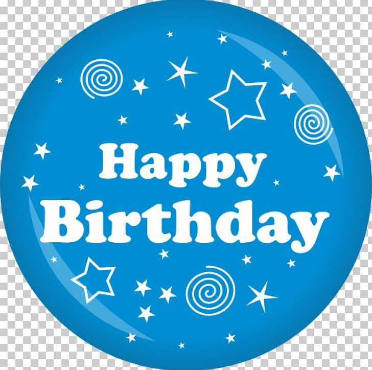 a happy birthday badge with stars and swirls on the blue circle, which says happy birthday