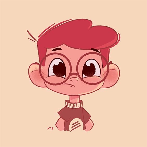 a cartoon character with red hair wearing glasses and a brown t - shirt, standing in front of a pink background