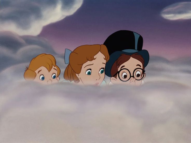 three people in the clouds looking at something with their eyes wide open and one person wearing a top hat