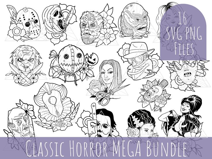 the classic horror mega bundle is shown in black and white, with an image of many different