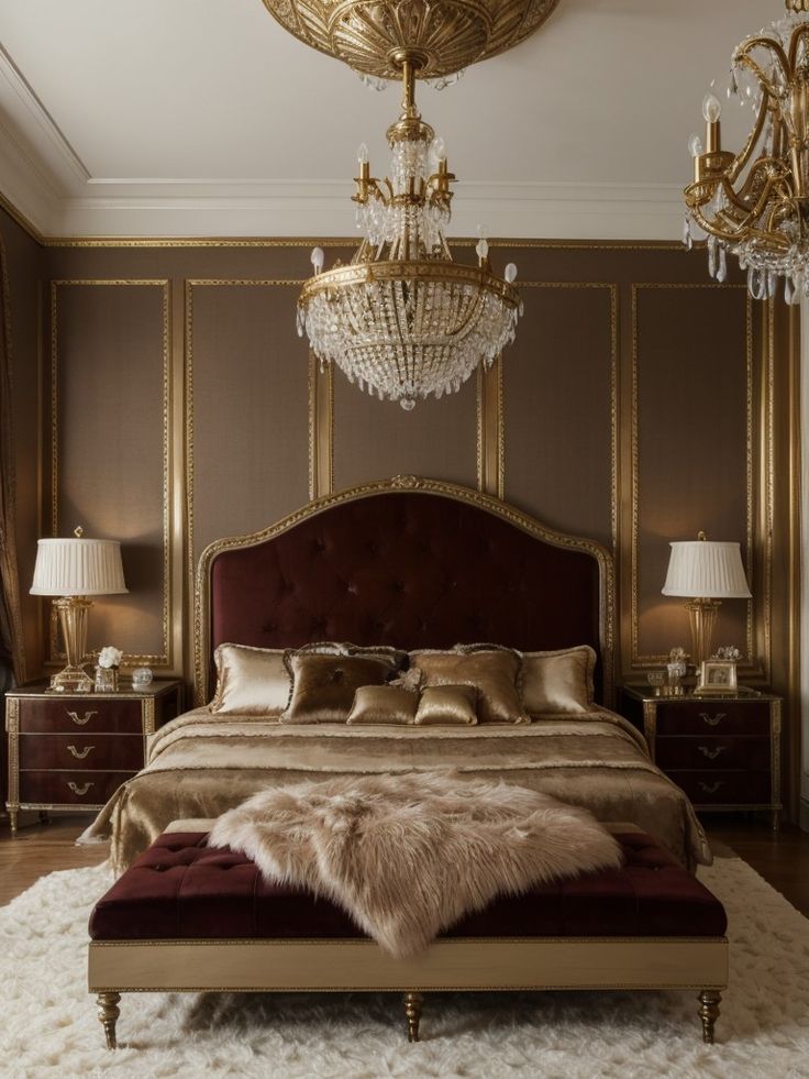 a luxurious bedroom with chandelier, bed and fur rugs on the floor