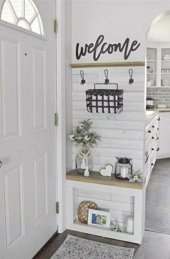 Simple Home Decor Farmhouse, Above Couch Wall Decor Small Space, Useful Kitchen Wall Decor, Small Entry Wall Ideas, Living Room Entryway No Foyer, Entryway Update, Organized Entryway, Entryway Makeover, Small Foyer